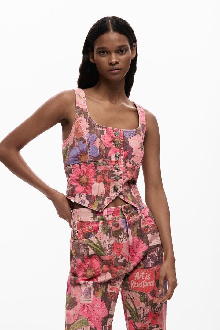 Printed denim corset