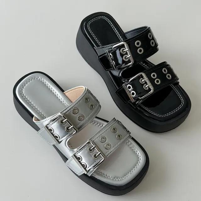 빅웨어 투버클 실버 스트랩 플랫폼 키높이 통굽 슬리퍼 긱시크룩 2color