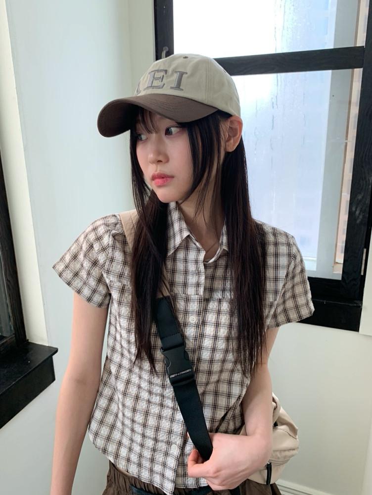 빈티지 컬러 세미크롭 체크 반팔 셔츠 [2col]