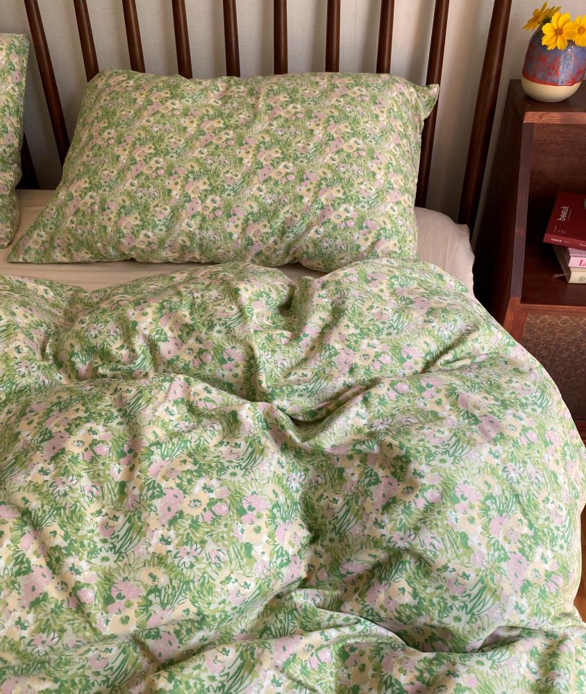빈티지 가든 꽃무늬 이불 커버 세트 / 그린 플라워 바스락 호텔 순면 침구