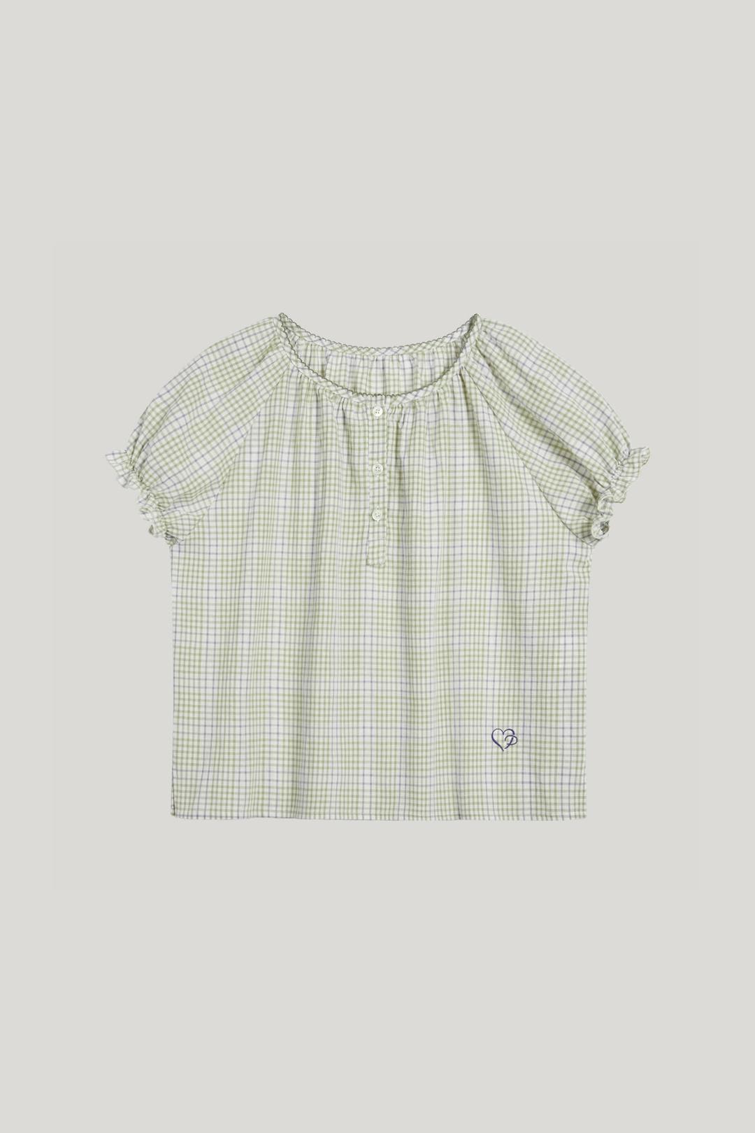 [소연달 착용] checked puff sleeve blouse_lime green