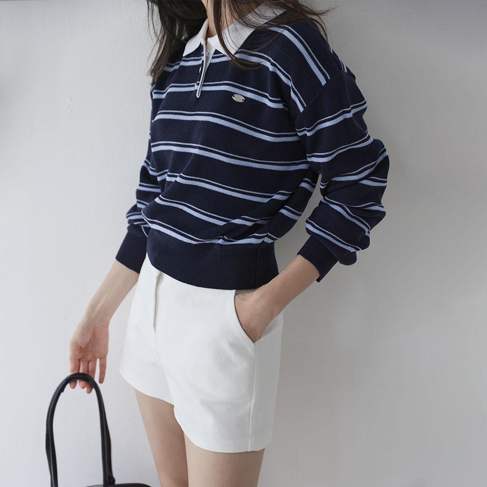 커먼유니크 [얼리어텀] 스무디 스트라이프 컬러링 카라 버튼 니트 (가을/간절기/캐주얼/줄무늬/배색/트렌디/개강룩/캠퍼스룩)