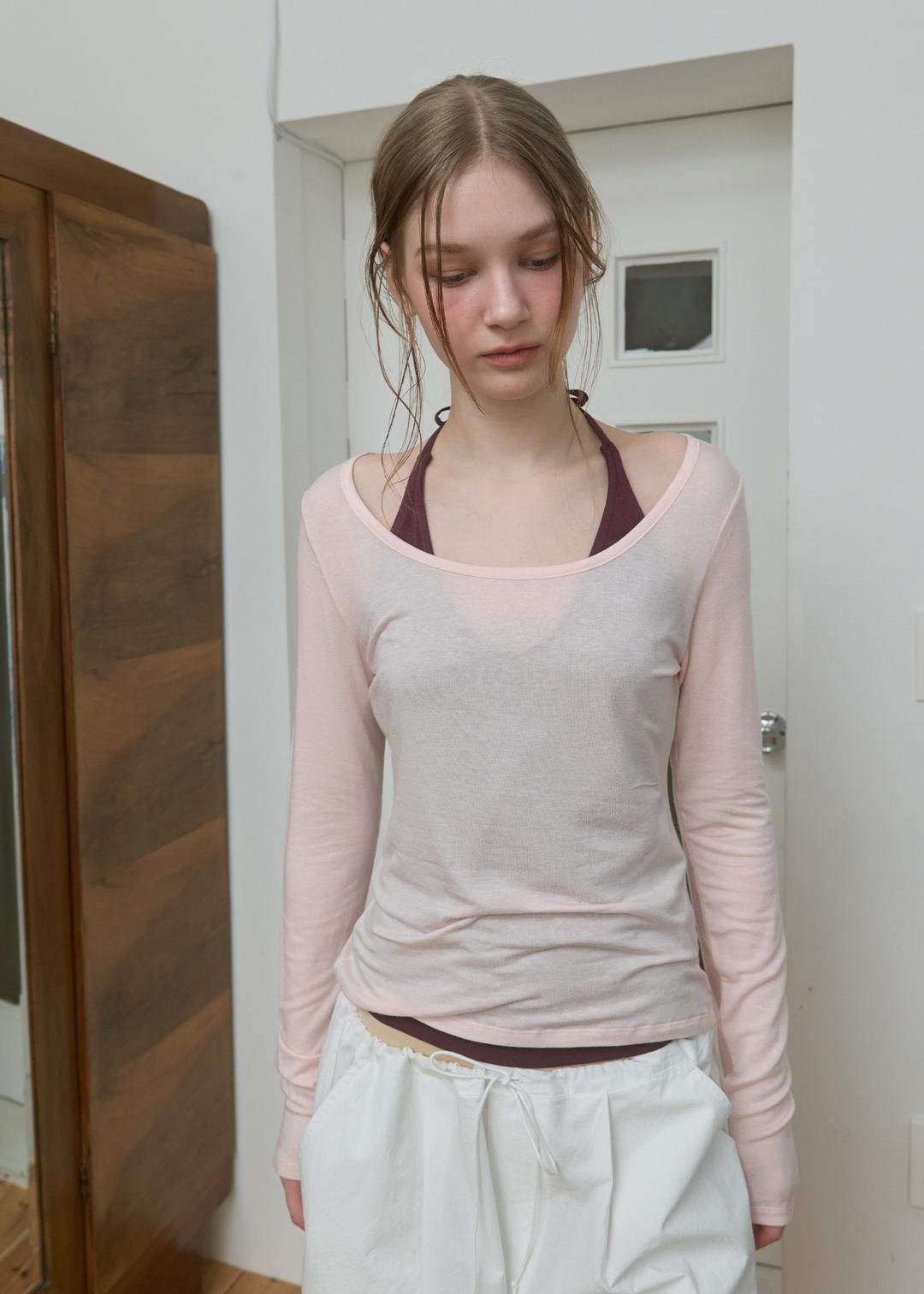 [X Needle]Halter Neck Layered Sheer Top_Pink