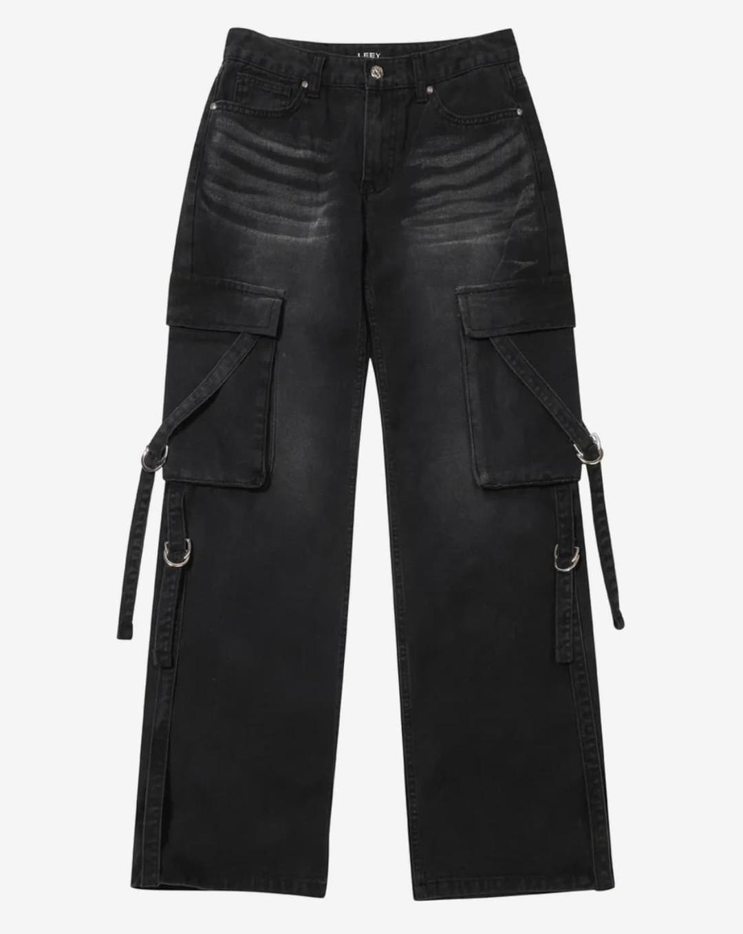 교환/판매) LEEY 워싱 스트랩 로우라이즈 데님 팬츠 블랙 | 후루츠패밀리