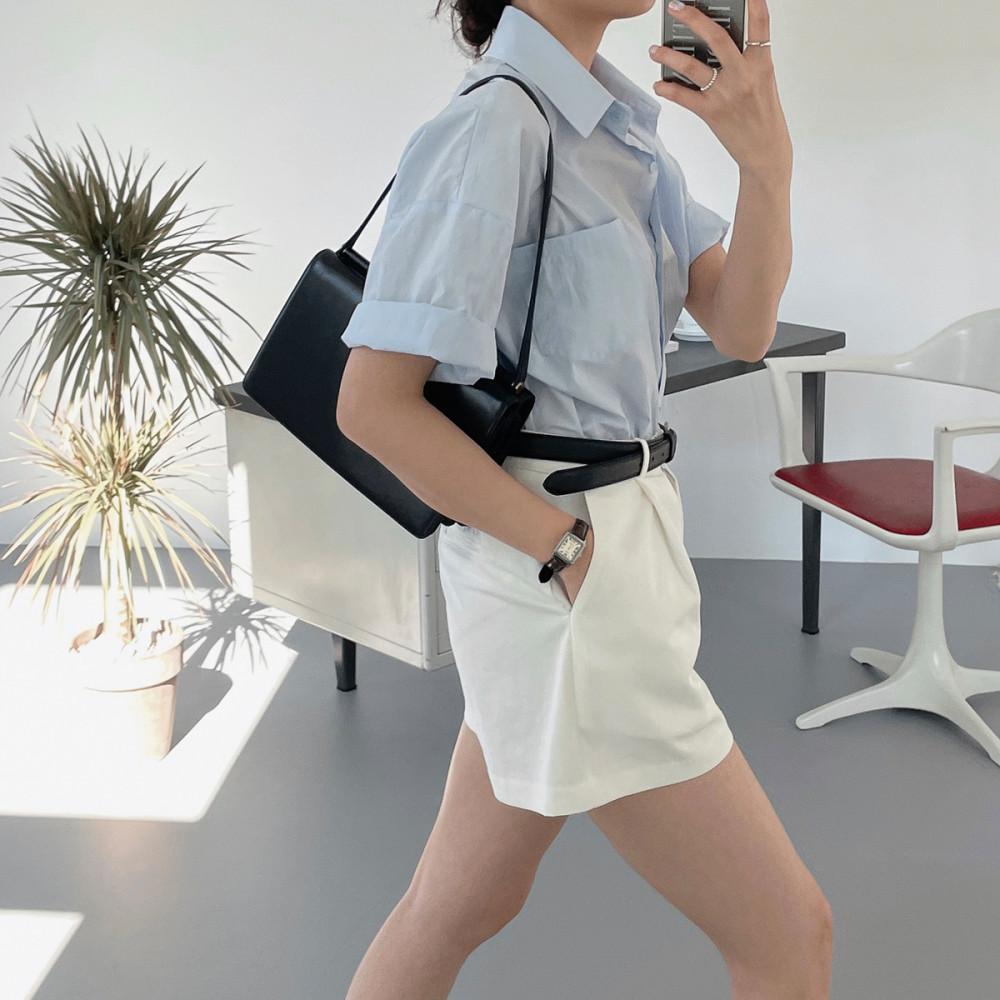 일레븐 하이웨스트 코튼 와이드 핀턱반바지