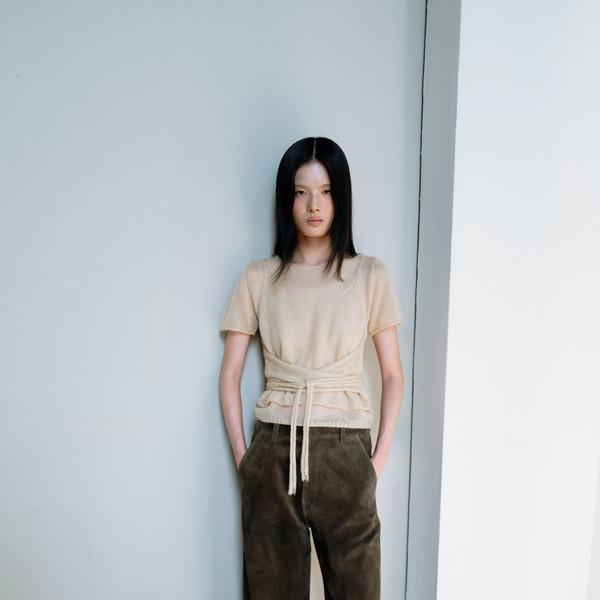 Mohair short sleeve knit (yellow / khaki / dark gray)