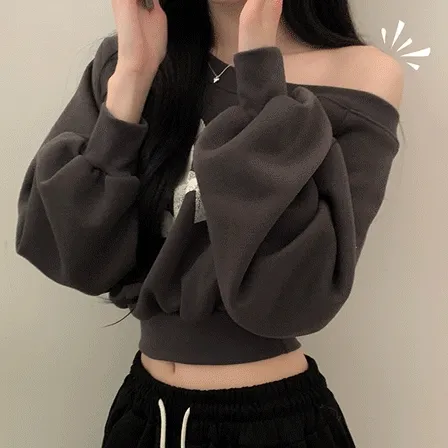 [윈터코디🤍/허리딱잡!] 오프숄더 몽글 몽글 여리핏 루즈핏 허리 잘록 시보리 퍼프 소매 모찌멜랑 크롭 기모 맨투맨