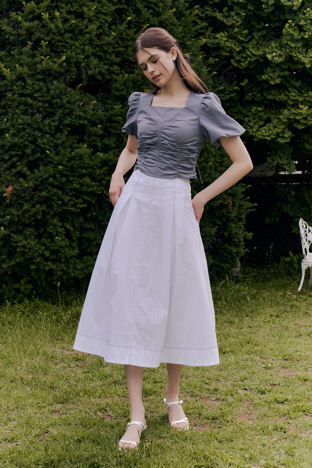 [단독15%] 퍼프 슬리브 셔링 블라우스_DARK NAVY