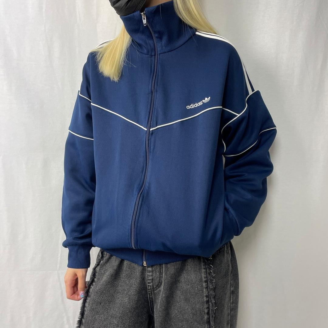 80年代 adidas アディダス ハイネック トラックジャケット メンズS-M相当 古着 80s ヴィンテージ ビンテージ ハイネック トレフォイルロゴ 刺繍 ネイビー  紺色【ジャージ・トラックジャケット】 | cave 古着屋【公式】古着通販サイト