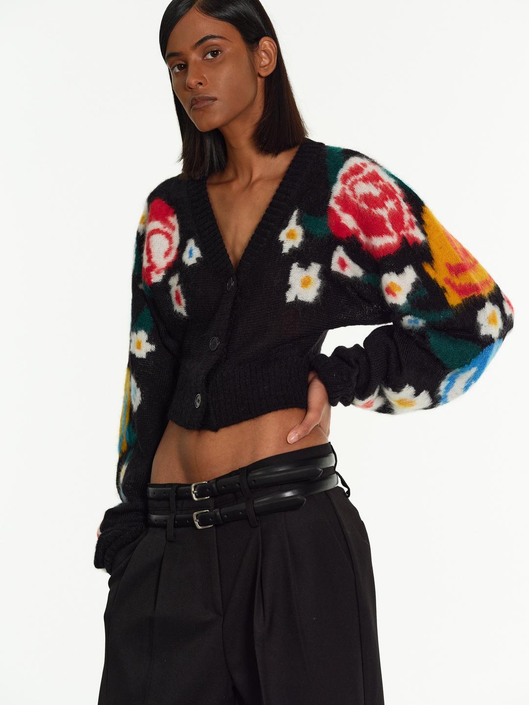 Floral Crop Cardigan, Black - One Size