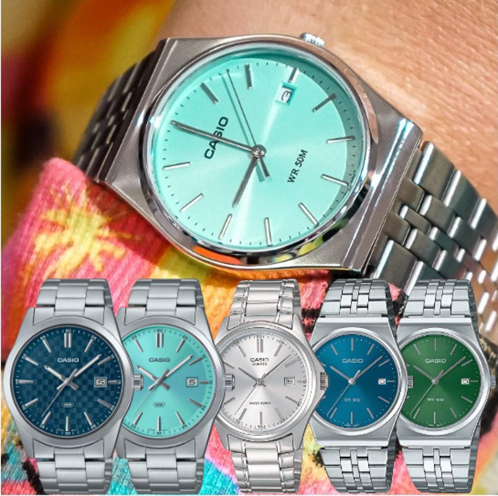 카시오 터콰이즈 블루 컬러 남녀공용 메탈 아날로그 손목시계 MTP-B145D-2A1 MTP-VD03D-2A2