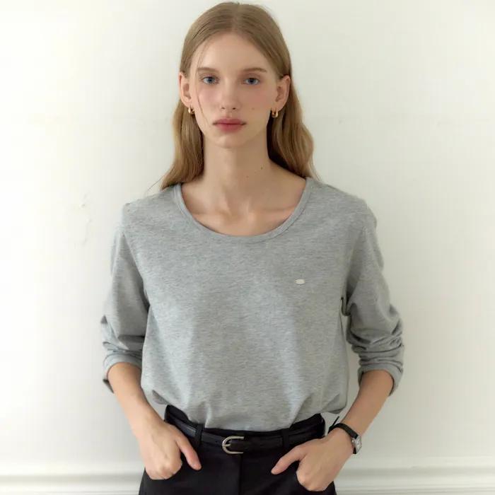 Logo Silky U-neck Sleeve T-shirt - Melange grey