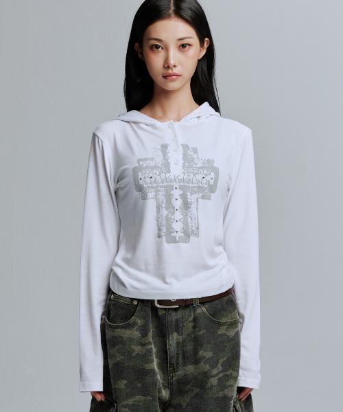 GEM CROSS THIN HOOD_WHITE