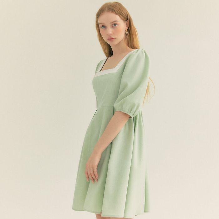 Colourway Square Neck Puff Dress (Mint)