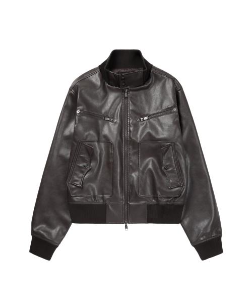 High-Neck Leather Jacket (Brown)