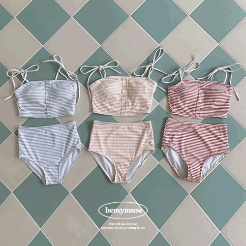[2피스SET] 베이킹 스트라이프 파스텔 리본 하이웨스트 버튼 단가라 비치웨어 해외여행 호캉스 물놀이 수영복