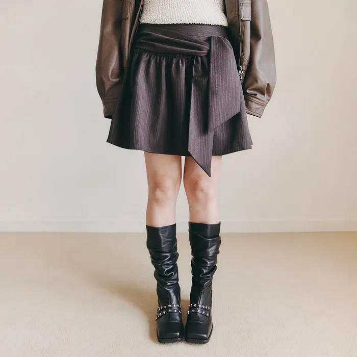 STRIPED BOW-TIE MINI SKIRT_DARK BROWN