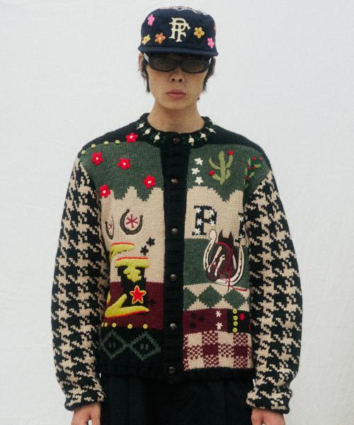 [P X NICKGEAR] 핸드메이드 웨스턴 아트웍 자수 니트 가디건 블랙_FR3KJ06U