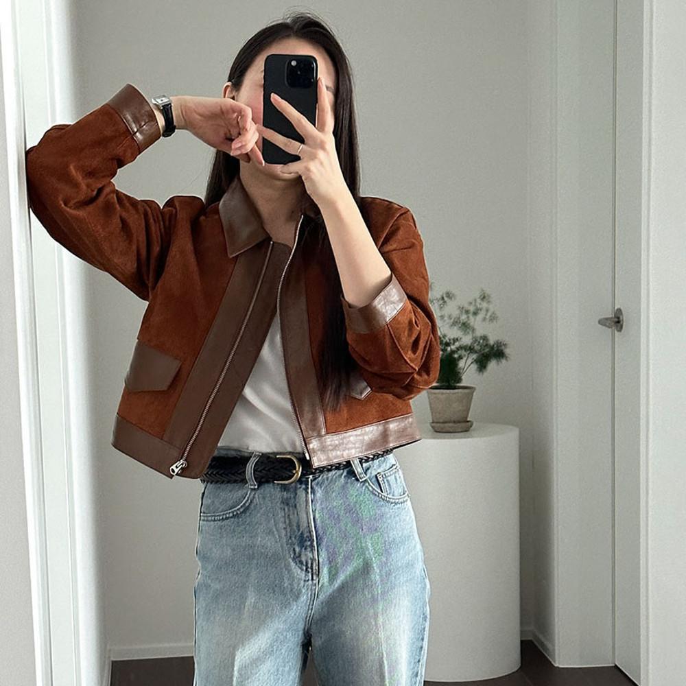 MADE 하이드 돈피 스웨이드 리얼 가죽 카라 숏 자켓 (카멜브라운, 카키, 블랙)