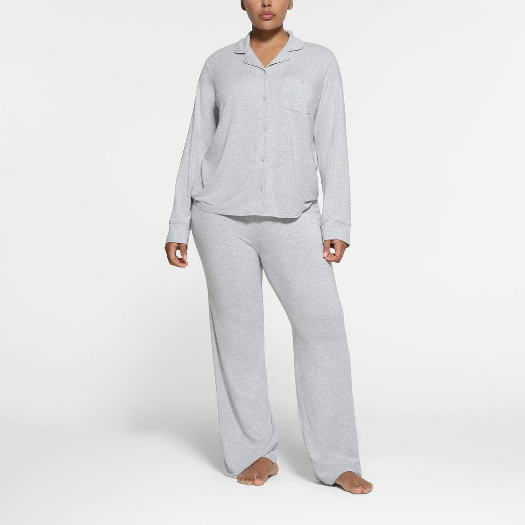 SKIMS SLEEP LONG SLEEVE BUTTON UP SET | LIGHT HEATHER GREY