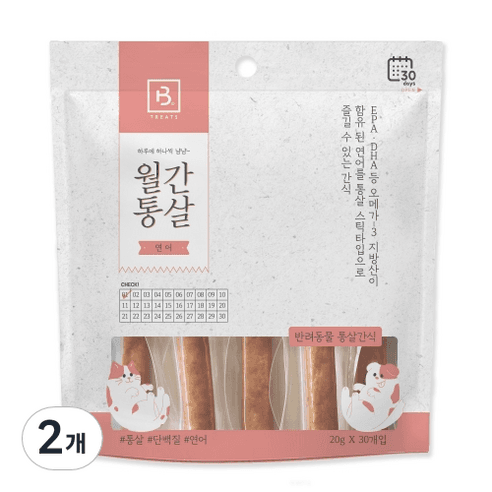 브리더랩 반려동물 월간통살 연어 스틱타입 간식 20g x 30p, 닭가슴살 + 연어 ..., 2개