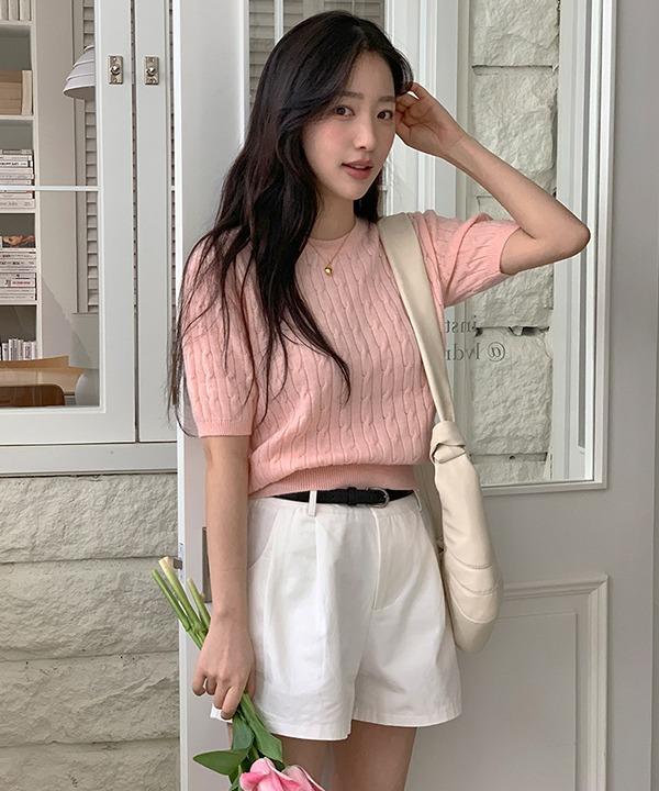 로즐리 [단독/컬러추가] 모이 꽈배기 라운드넥 반팔 니트