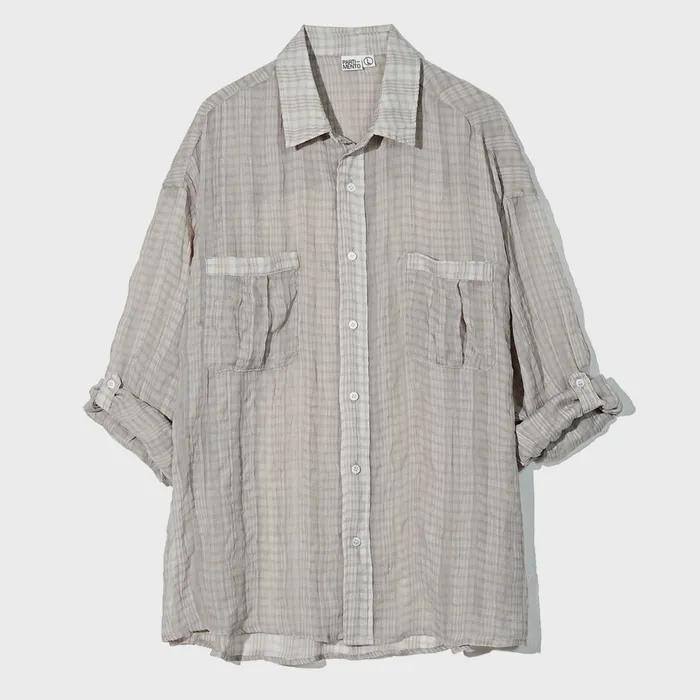 Wrinkle Sheer Check Roll Up Shirts Warm Gray