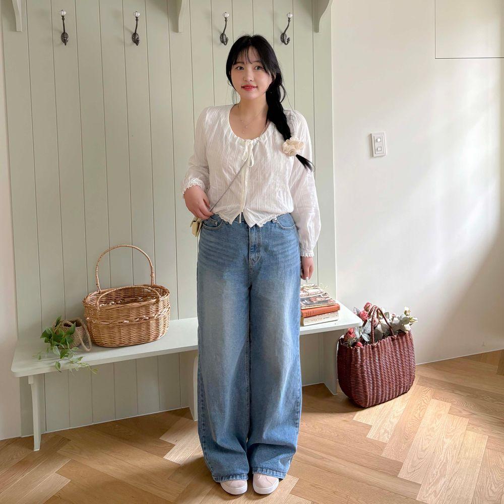 프리하다 니썸 레이스블라우스 긴팔티 빅사이즈 스퀘어넥블라우스 봄하객룩 출근룩 프릴 리본블라우스 벚꽃룩 시스루 하객룩블라우스