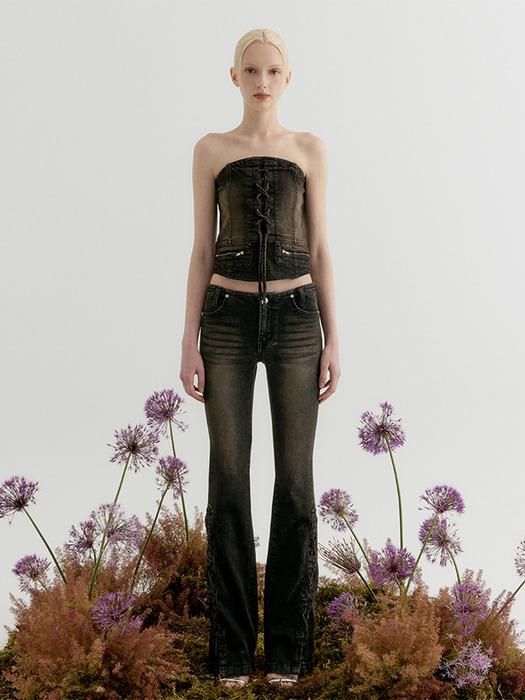 LACE-UP SLIM BOOTS CUT DENIM PANTS - BLACK
