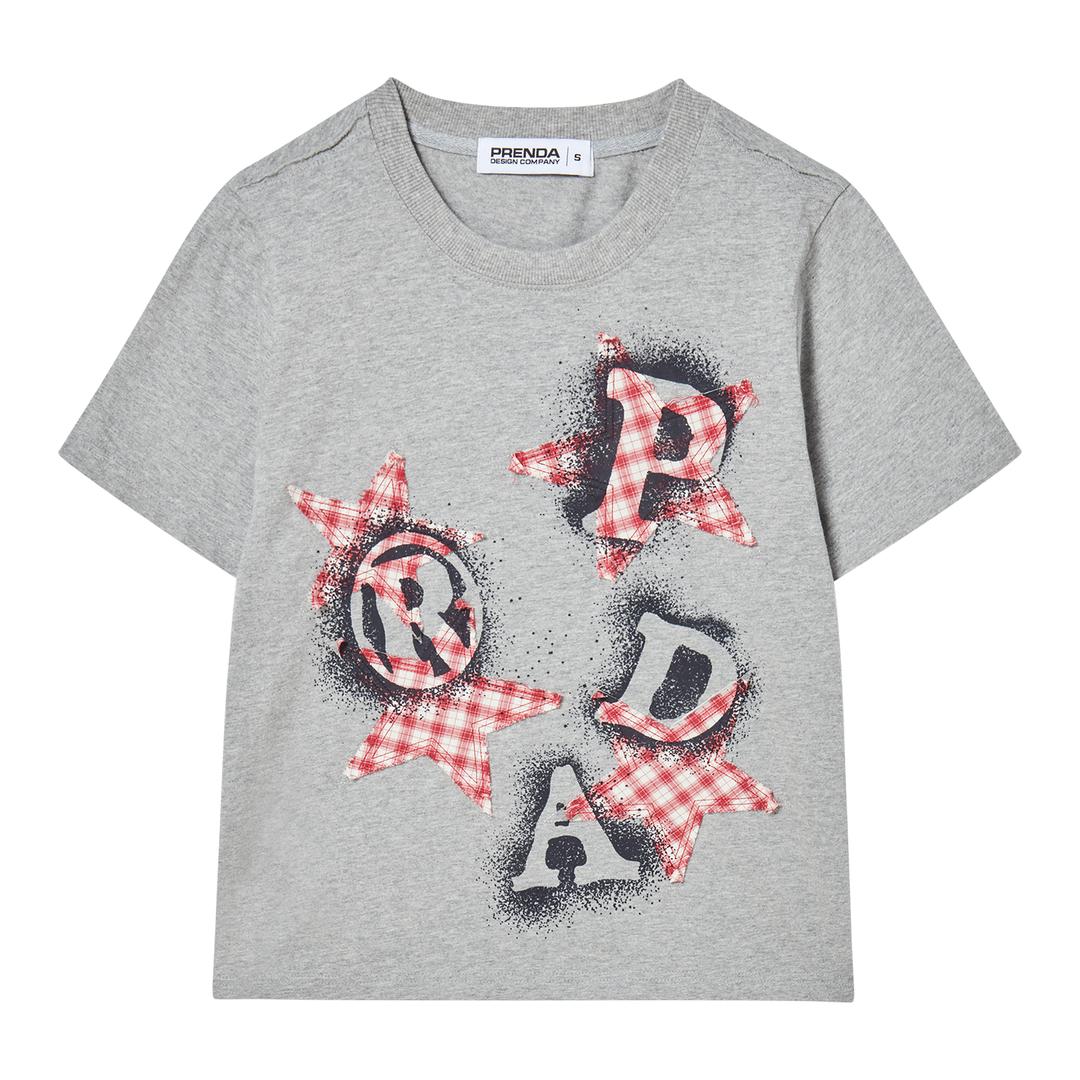 [6/20일 예약 배송]PRDA SPRAY BIG PATCH CHECK STAR CREWNECK TEE MELANGE GRAY