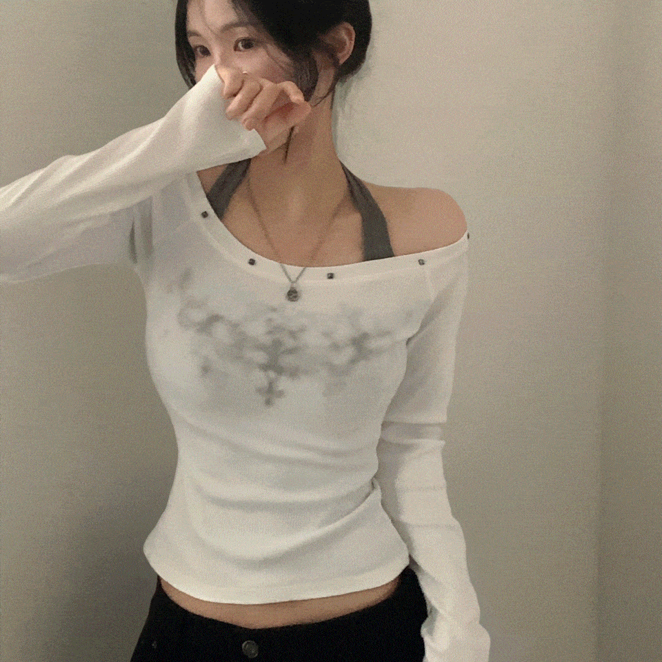 [Layered.. ᰔ/여리핏] 스텔라 실버 스터드 레이어드 홀터 골지긴팔 배색티셔츠 - 3color