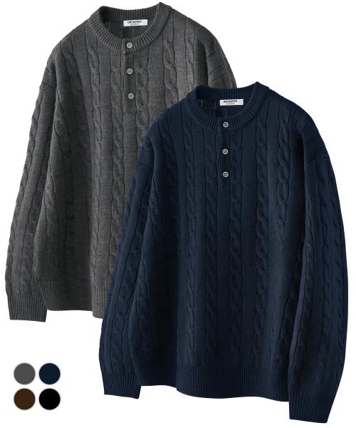 오버핏 케이블 헨리넥 라운드 니트 4Color