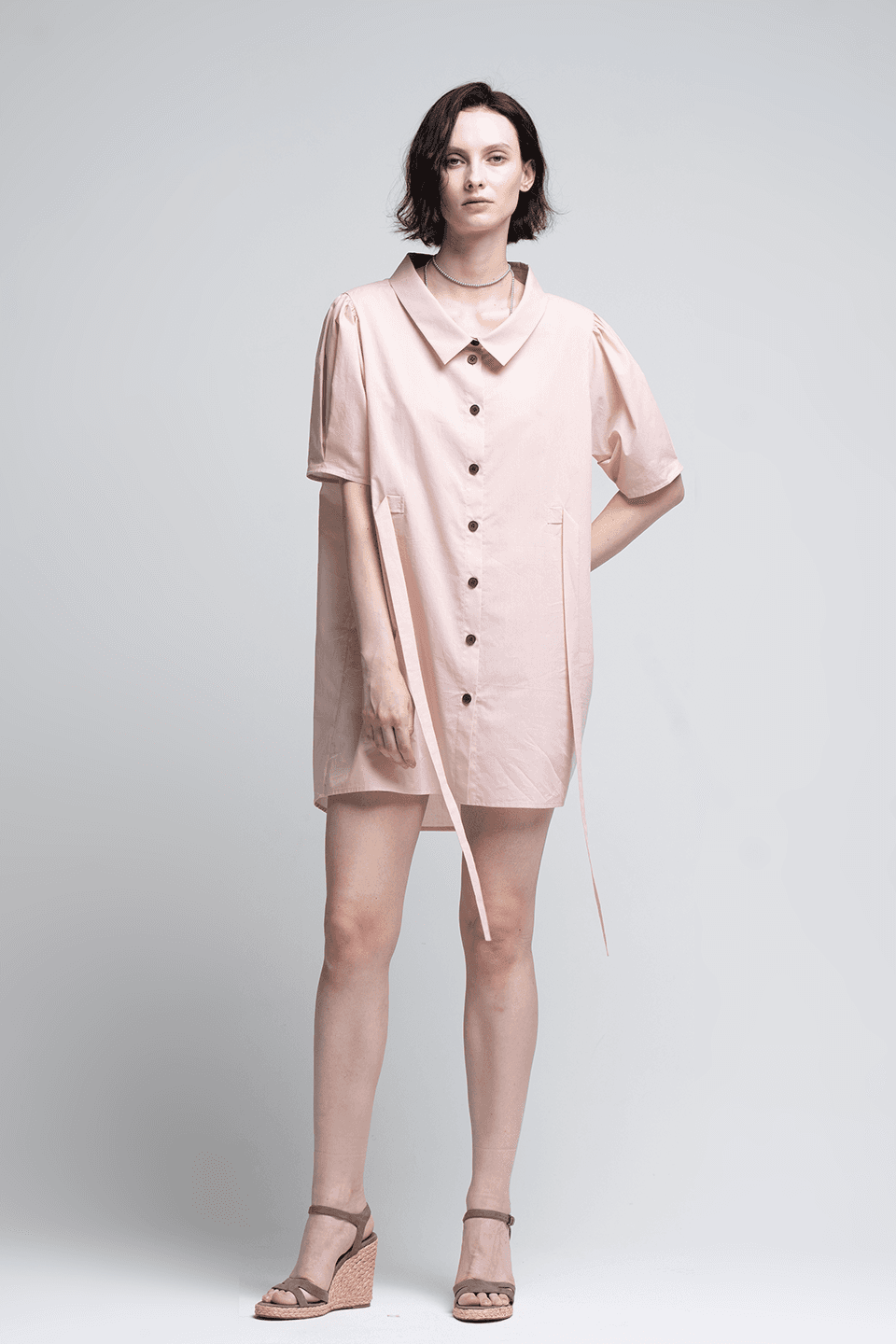 Boat neck pleats short sleeve dress - pink