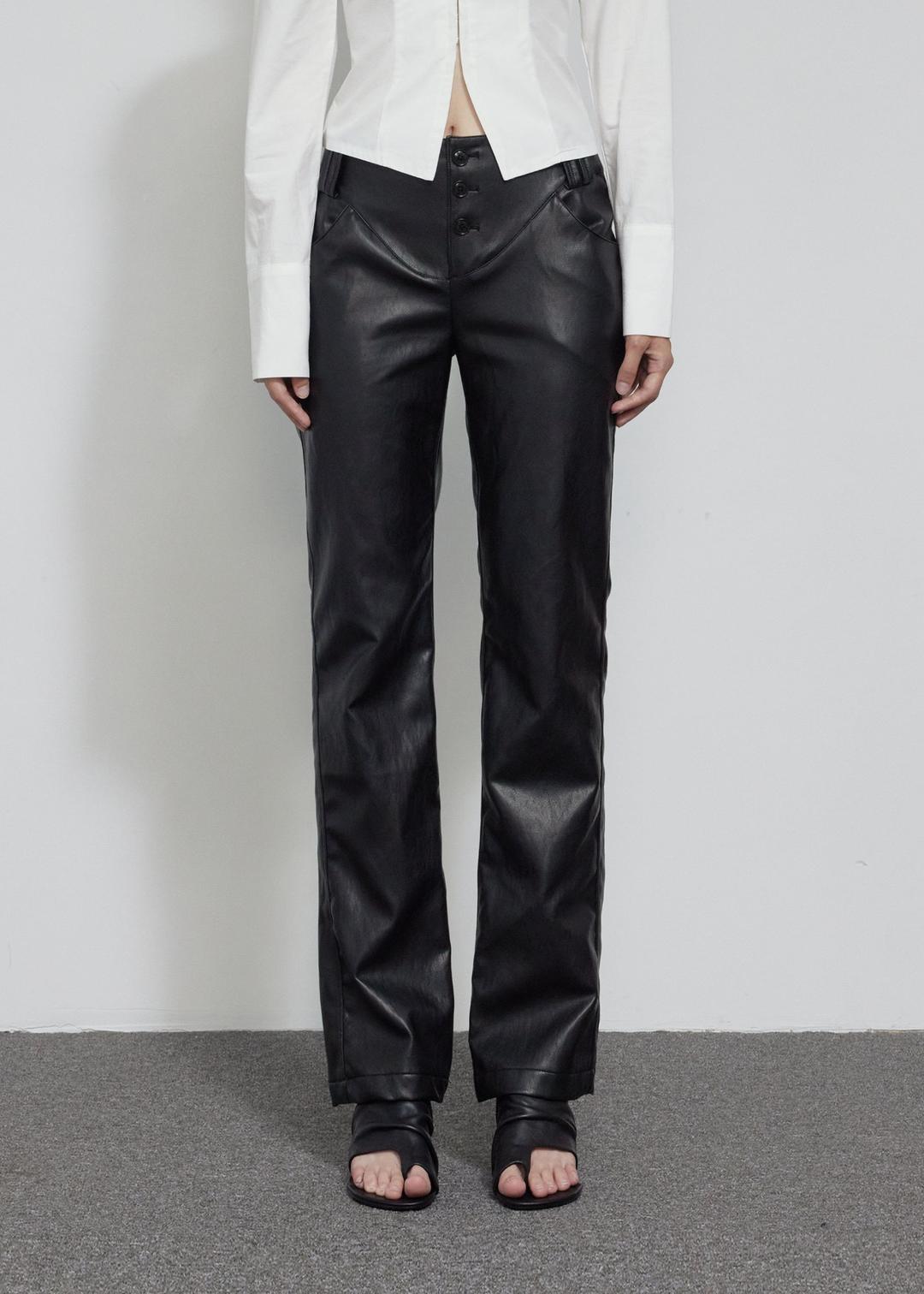 BUTTON LEATHER STRAIGHT PANTS, BLACK