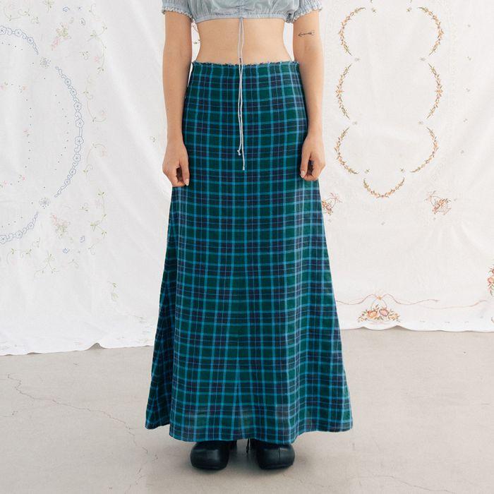 Via Linen check long skirt (Green check)