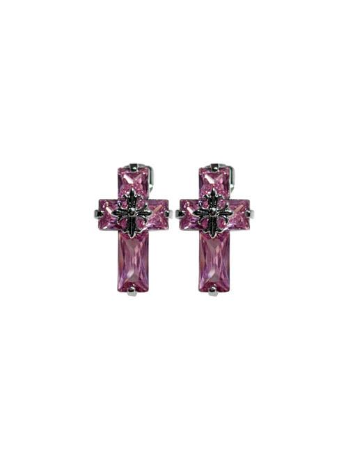 (silver post) Twinkle Pink Cross Cubic Earring