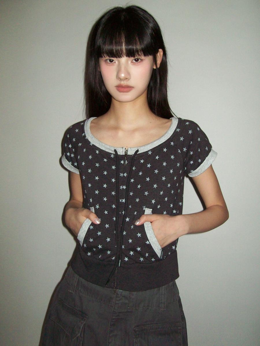 MOROMORO2 Crack Star Double Zip-Up T-Shirt (2color)