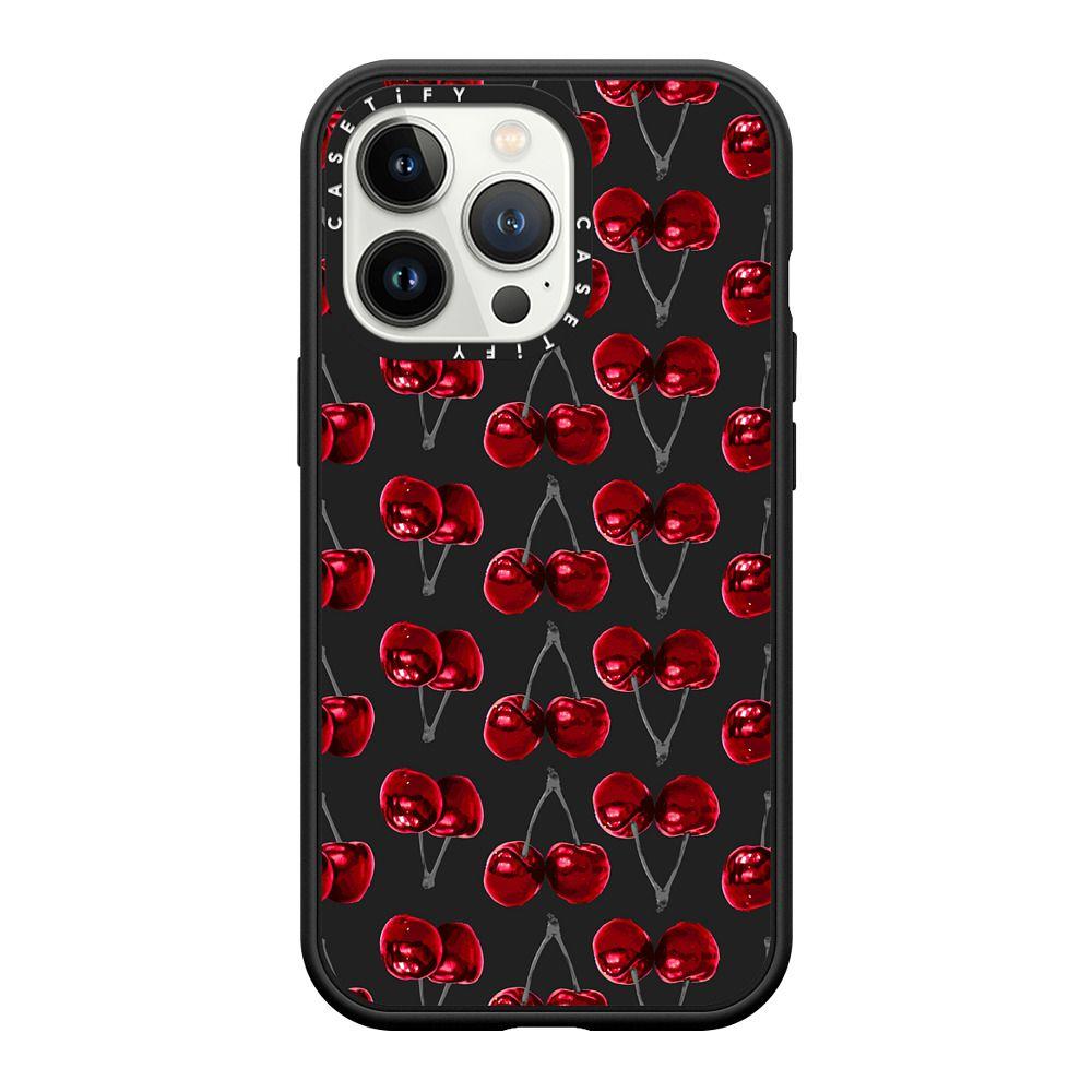 Modern Cherries Red and Gray Fruity Pattern on Charcoal Black