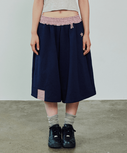 CHECK BANDING BERMUDA PANTS - NAVY