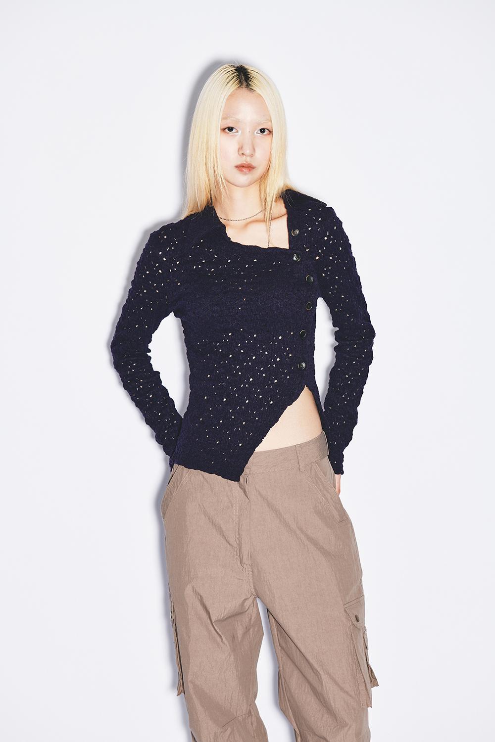 Unbalanced button knit cardigan] [purple]