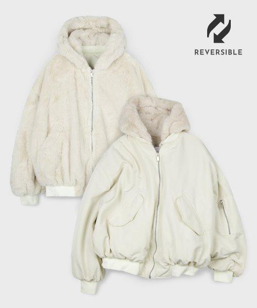 오버핏 리버시블 에코 퍼 후드 자켓 점퍼 [크림]
