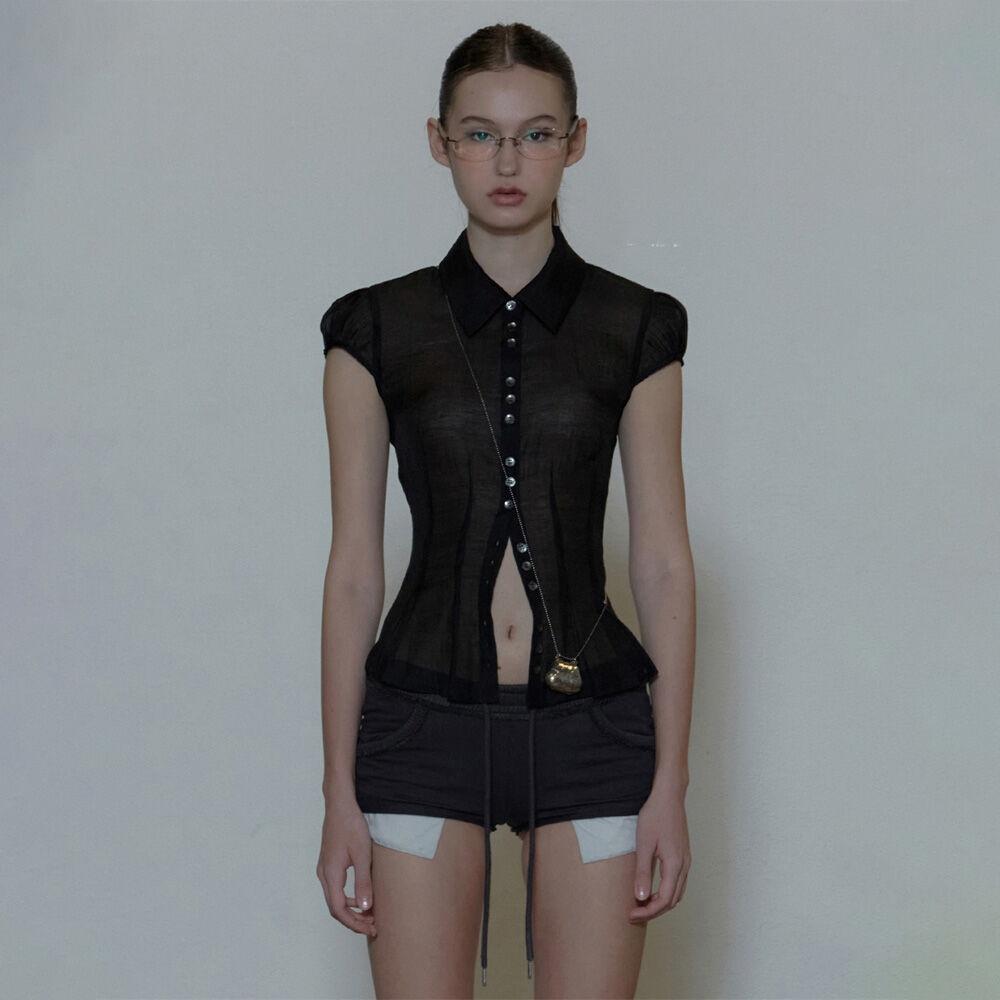 Sheer Pleated Hem Blouse Black
