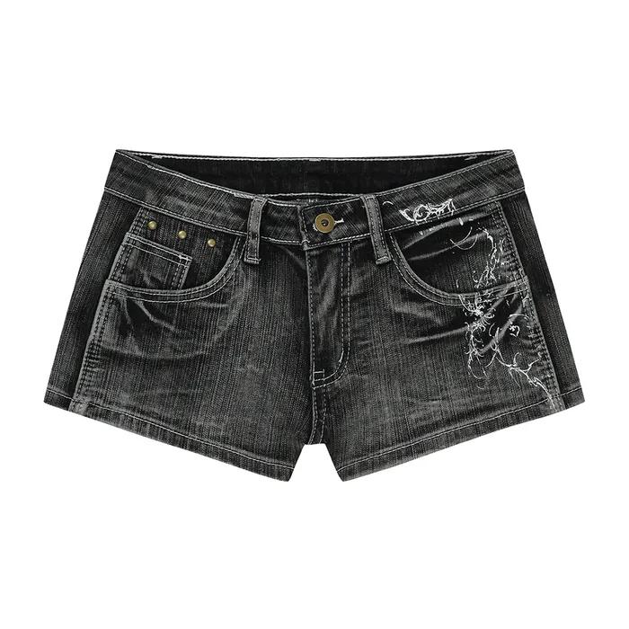 TATTOOED GRAPHIC DENIM SHORTS_GREY