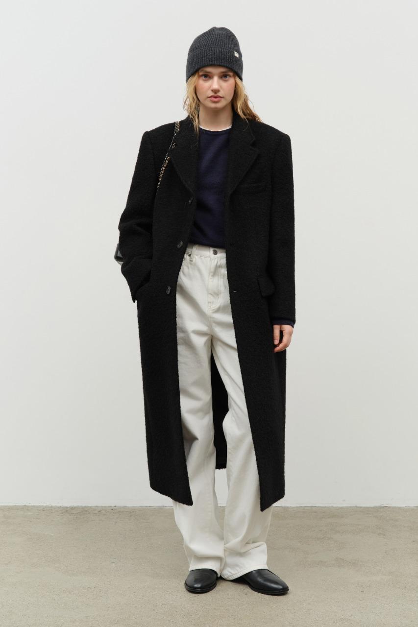 UNISEX 2-WAY 3 BUTTON BOUCLE WOOL COAT BLACK