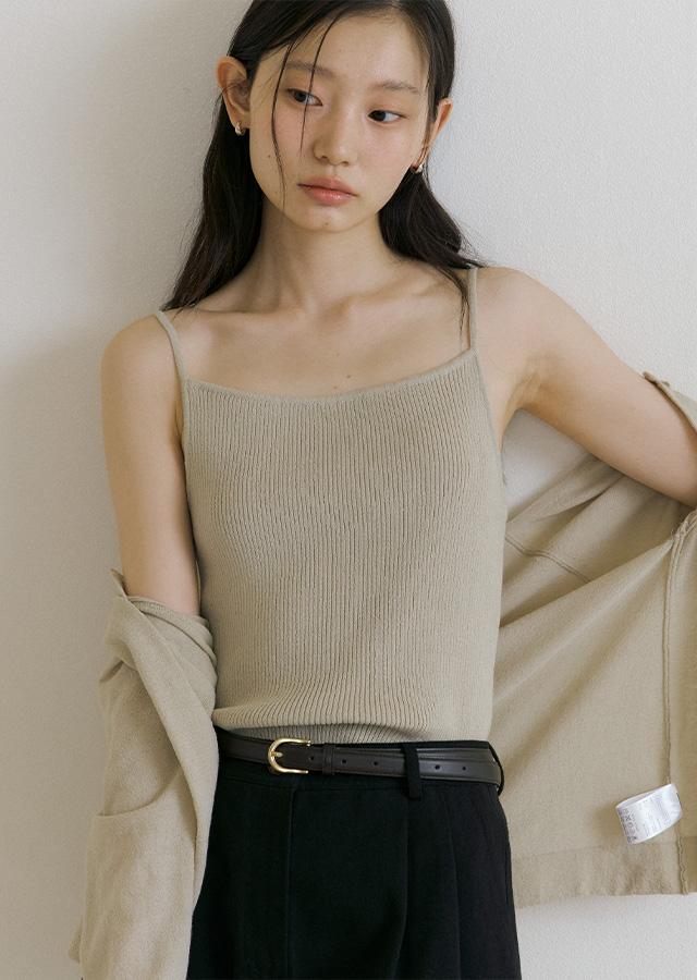cotton blended ribbed sleeveless top-beige