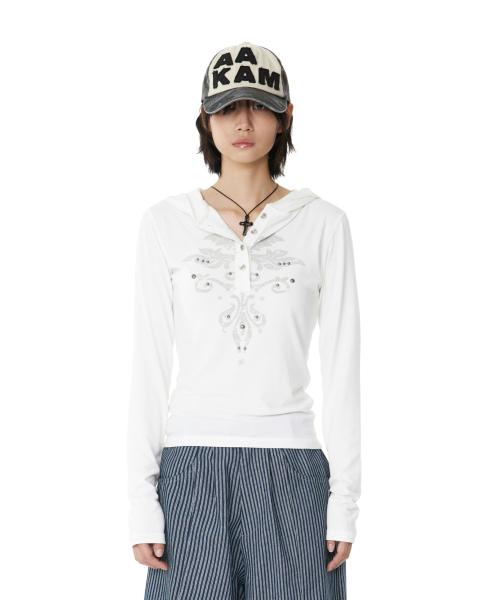 Studded Leaf Hooded Long Sleeve (White)