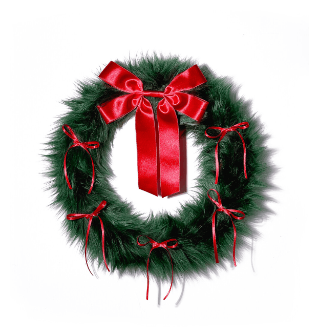 KIKOU) FURRY RIBBON WREATH (Green/red)