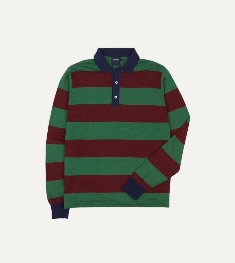 드레익스 Green and Red Linen Cotton Knitted Rugby Shirt