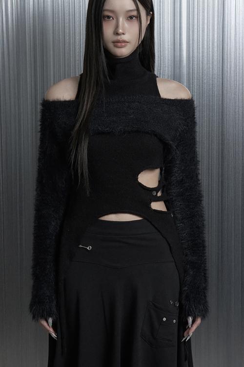 Cut-Out Halter Bolero Layered Knit Top Set (Black)