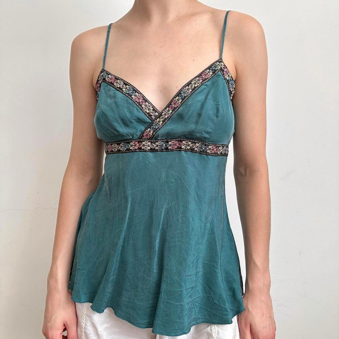 silk cami top with floral embroidery y2k turquoise...